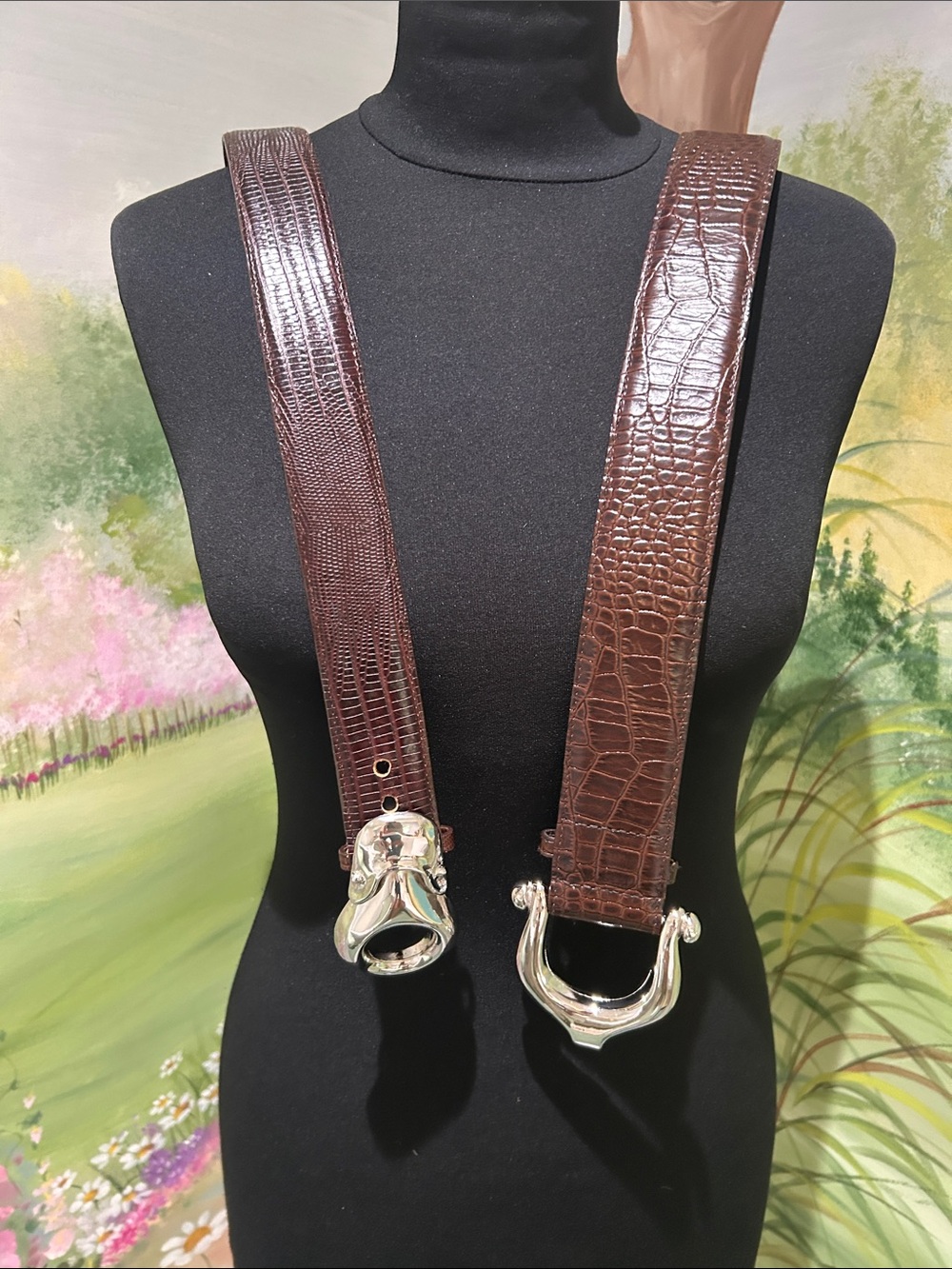 Set of 2 Brian Toohey Vintage Brown Leather Belts Polished Silver Buckles 🐊 🦎🪎